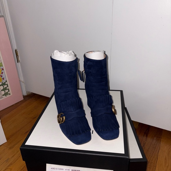 Gucci double G logo Elegant Blue Suede fringe Women's Boots - Picture 1 of 3